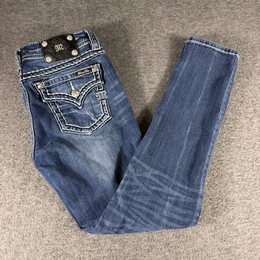 Miss Me Skinny Jeans Womens 30 Dark Wash Embroidered Low Rise Whisker Y2k Bling